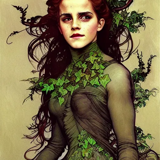 Prompt: a beautiful painting of emma watson dressed as a teenage poison ivy, dark eyeliner, intricate, elegant, highly detailed, digital painting, artstation, concept art, matte, sharp focus, illustration, art by rebecca guay and by arthur rackham and by alphonse mucha and by john william waterhouse