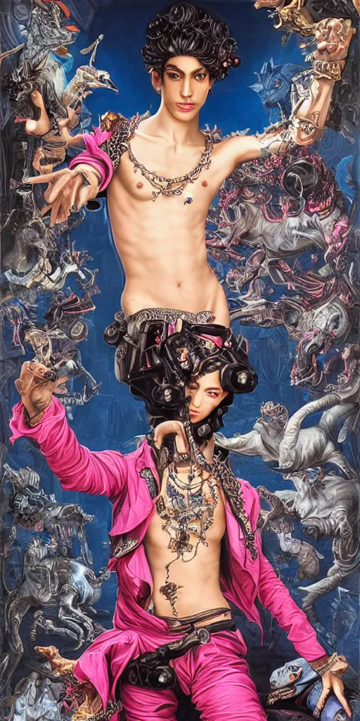 Image similar to full-body rococo and cyberpunk style sculpture of a young seductive Latino prince half android with a chest exposing circuitry, glowing pink seductive laser eyes, crown of blue gears and diamonds, swirling salmon-colored silk fabric, robotic raptors dinosaurs. baroque elements. full-length view. intricate artwork by caravaggio. art by Artgerm and Greg Rutkowski and Alphonse Mucha, Trending on artstation, cinematic industrial lighting, hyper realism, octane render, 8k, depth of field, 3D