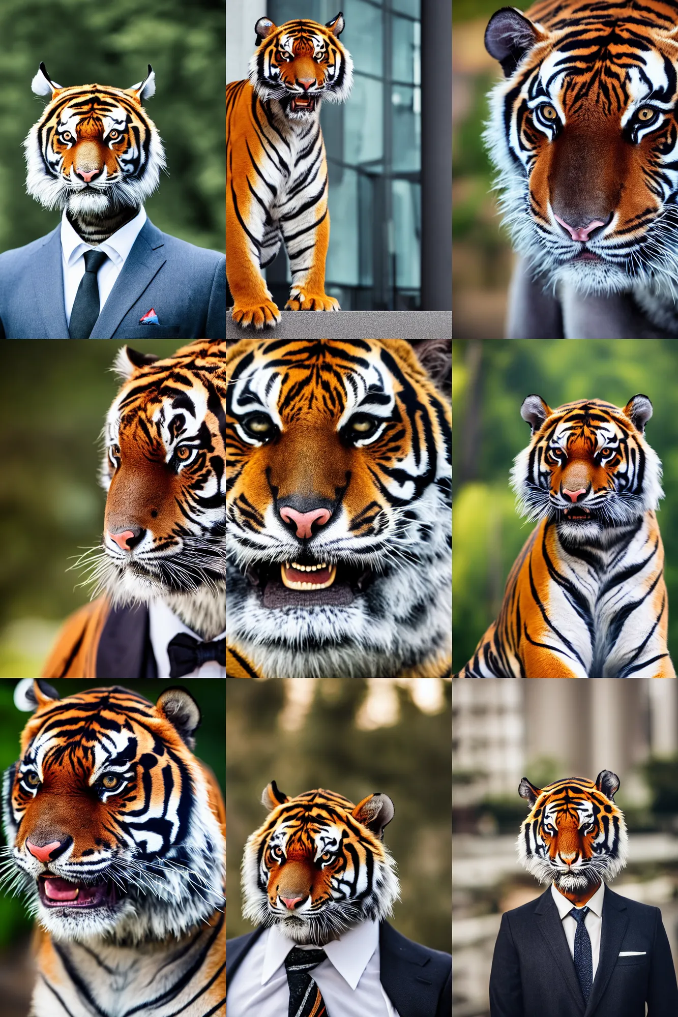 Prompt: high quality portrait photo of a tiger dressed in a dark business suit and tie, Anthropomorphic, photography 4k, f1.8 bokeh, 4k, 85mm lens, sharp eyes