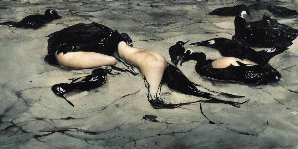 Prompt: black swans melting together in the dark waters. by andrew wyeth, jenny saville and john dollman
