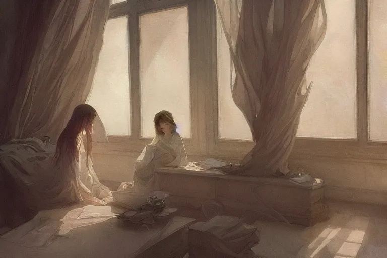 Image similar to a beautiful painting of a room with a pile of white paper, backlighting, gloomy, low saturation, rococo, by krenz cushart and mucha and monet, trending on artstation.