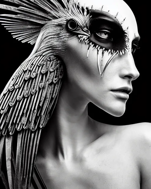 Image similar to a profile portrait, a stunning young woman - cyborg with a mutant crow head, editorial photography, bw, by roman sustov, by hr giger, shot on 7 0 mm, depth of field, f / 2. 8, high contrast, 1 6 k, volumetric lighting, shiny, insanely detailed and intricate, hypermaximalist, elegant, ornate