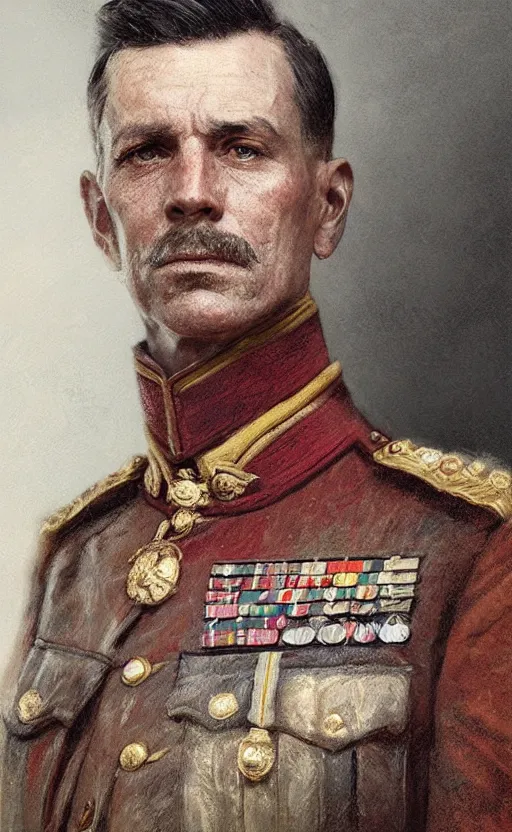 Image similar to official portrait of a WWI General, male, detailed face, 20th century, highly detailed, cinematic lighting, digital art painting by greg rutkowski