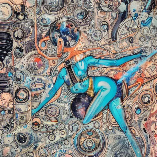 Image similar to james jean art of a part in space, hyper detail