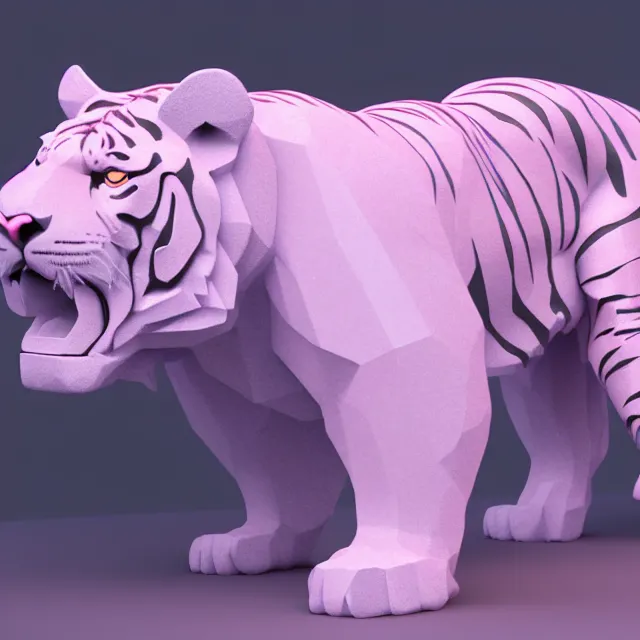 Image similar to 4 k 3 d render of a gigantic tiger made of crystaline rose quartz