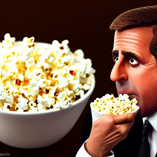 Image similar to steve carrell eating a bowl of popcorn, front facing, realistic, hyperrealistic, ultra realistic, real, real world, highly detailed, very detailed, extremely detailed, intricate details, 8 k resolution, hd quality