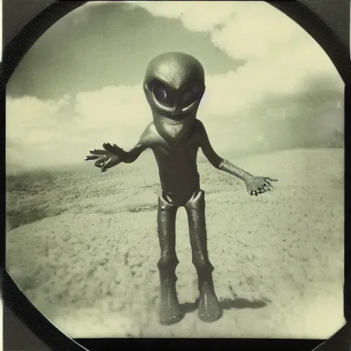 Image similar to polaroid photograph of horrorific alien beings visiting earth, 1 9 5 0