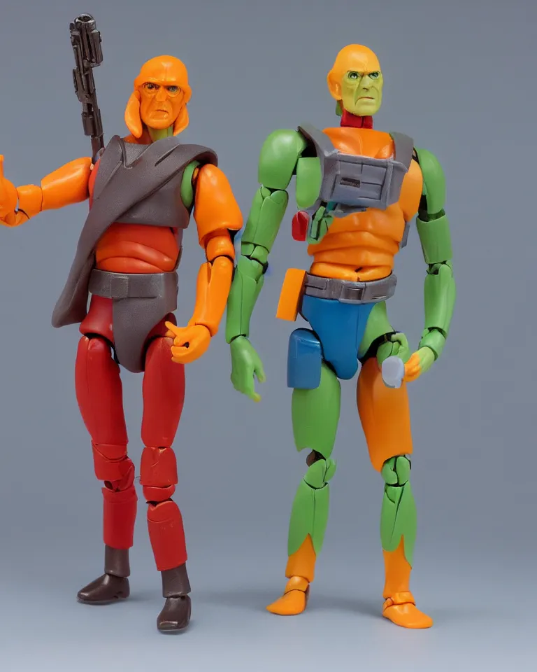 Image similar to product photo of a colorful kenner 1 9 8 0's action figure, five points of articulation, sci - fi, 8 k, full body, studio lighting