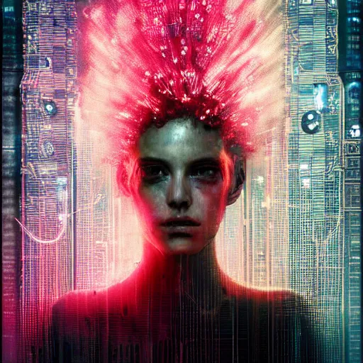 Prompt: female cyberpunk portrait by cy Twombly and BASTIEN LECOUFFE DEHARME, circuit boards, led display, iridescent fractal, high tech