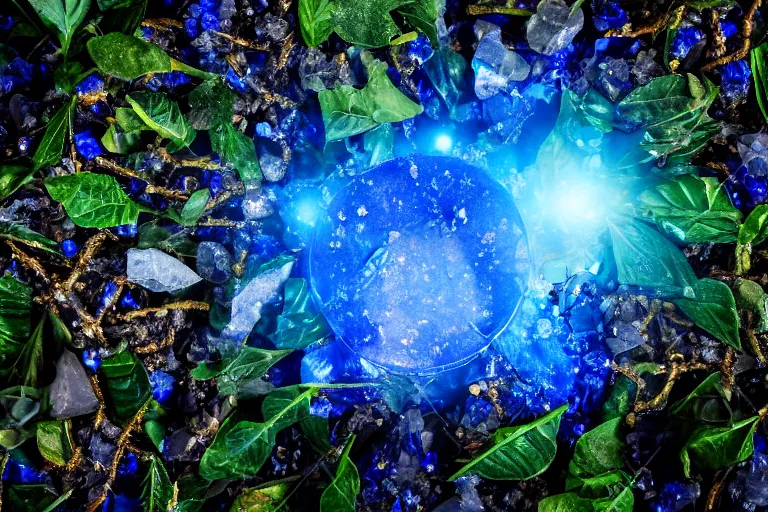 Prompt: huge glowing lazuli mystical crystal inside a dark foggy forest, surrounded by a few other glowing crystals, deep forest on background, 50mm