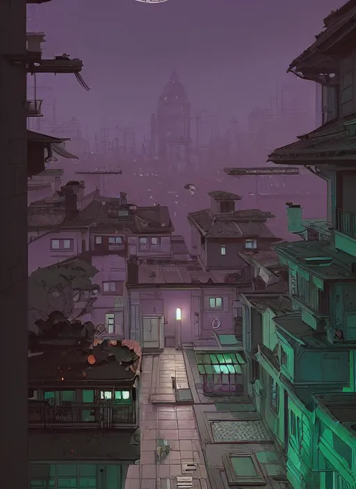 Image similar to highly detailed building villa style in urban area architectural concept in foucs mod by atey ghailan, james gilleard, by joe fenton, by greg rutkowski, by greg tocchini, by kaethe butcher, 4 k resolution, gradient purple, brown black and white color scheme!!! ( ( green flaming robotic sewer background ) )