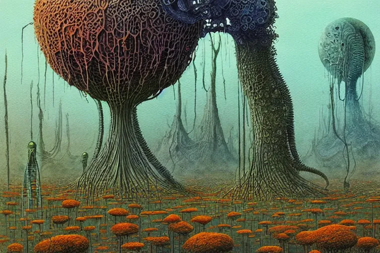 Image similar to a surreal and awe - inspiring science fiction landscape, alien plants and animals, intricate, elegant, uplifting, happy, inspirational, highly detailed watercolor painting by beksinski and simon stalenhag