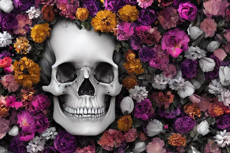 Prompt: human skull made of flowers with flowers in its eyes, artstation, illustration, hd, hq, high resolution, high detail, 4 k, 8 k