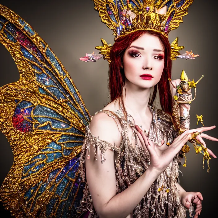 Image similar to photo of a very beautiful!! fairy queen with ornate sparkling robes, highly detailed, 4 k, hdr, smooth, sharp focus, high resolution, award - winning photo