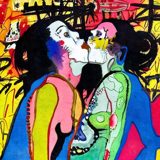 Image similar to watercolor painting of two bizarre psychedelic punk women kissing each other closeup in a bar in japan, speculative evolution, mixed media collage by basquiat and jackson pollock, maximalist magazine collage art, sapphic art, lesbian art, chemically damaged