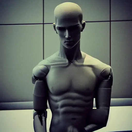 Image similar to “a realistic detailed photo of a guy who is an attractive humanoid who is half robot and half humanoid, who is a male android, Cristiano Ronaldo, shiny skin, posing like a statue, blank stare”