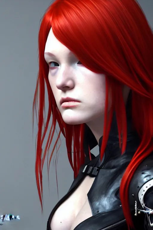Prompt: redhead girl black leather with metal, character concept, angry light, dark mood, realistic body features and face, illustration, painting oil on canvas by Ayami Kojima and Tomoyuki Yamasaki and Tsutomu Nihei, octane render trending on artstation, 4k, 8k, HD