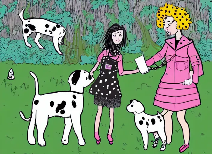 Image similar to punk girl and duchess with a dalmatian piglet in a park. comic style