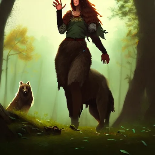 Image similar to a pretty female druid surrounded by wolves, bears, and birds, digital painting, photorealistic, in the style of greg rutkowski, full body, detailed face