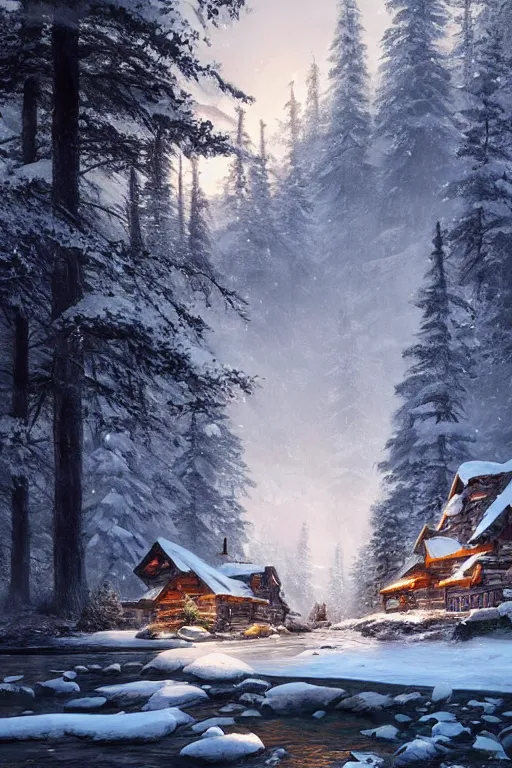 Prompt: snowy cozy mountain lodge by a small river stream in a forrest in canadian mountains in the evening sun, iceicles, by philippe gare, artstation, greg rutkowski