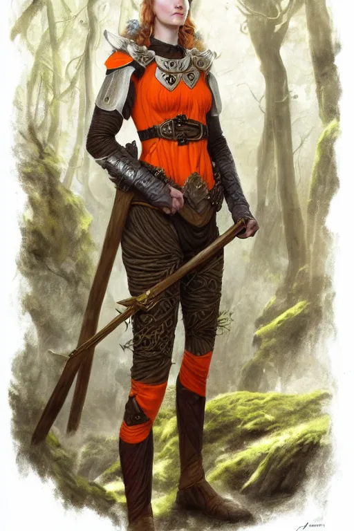 Prompt: full - body portrait of a ranger in a forest, female, white and orange breastplate, magical, high fantasy, d & d, by john collier, face details, extremely detailed, digital illustration