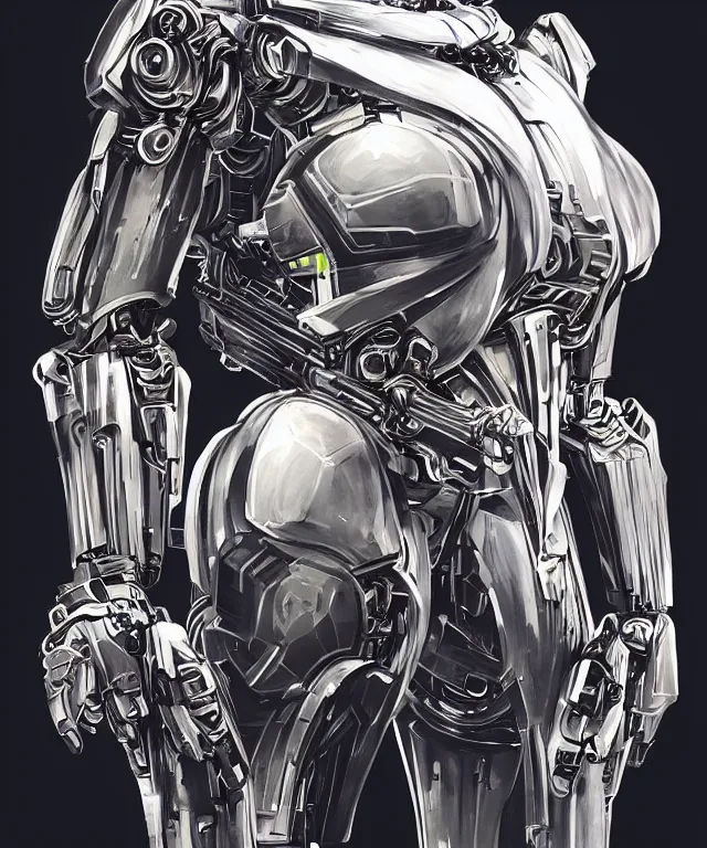 Image similar to Android portrait wearing cybernetic body, subject centered in the frame, rule of thirds, golden ratio , scifi, intricate glowing mecha armor, elegant, glowing cylon eyes, highly detailed cybernetic body, ornate mecha armor, digital painting, artstation, concept art, smooth, sharp focus, illustration, art by Artgerm and moebius and Peter Mohrbacher