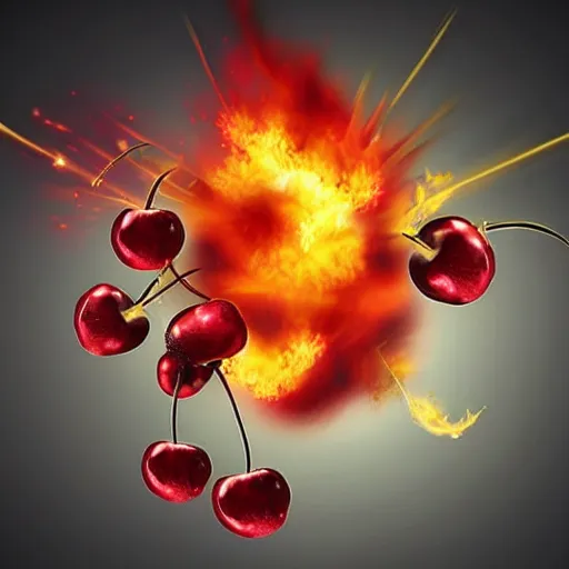 Image similar to Bomb, fire, explosion, epic, realistic explosion, Cherry explosion, realistic explosion, cherries exploding