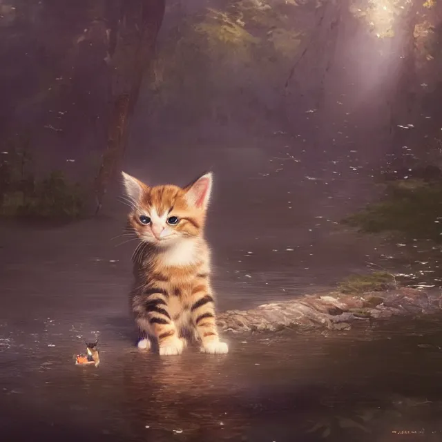 Image similar to a painting of a cute kitten at a river catching fish. disney character design by cory loftis, fenghua zhong, ryohei hase, ismail inceoglu and ruan jia. volumetric light, detailed, rendered in octane