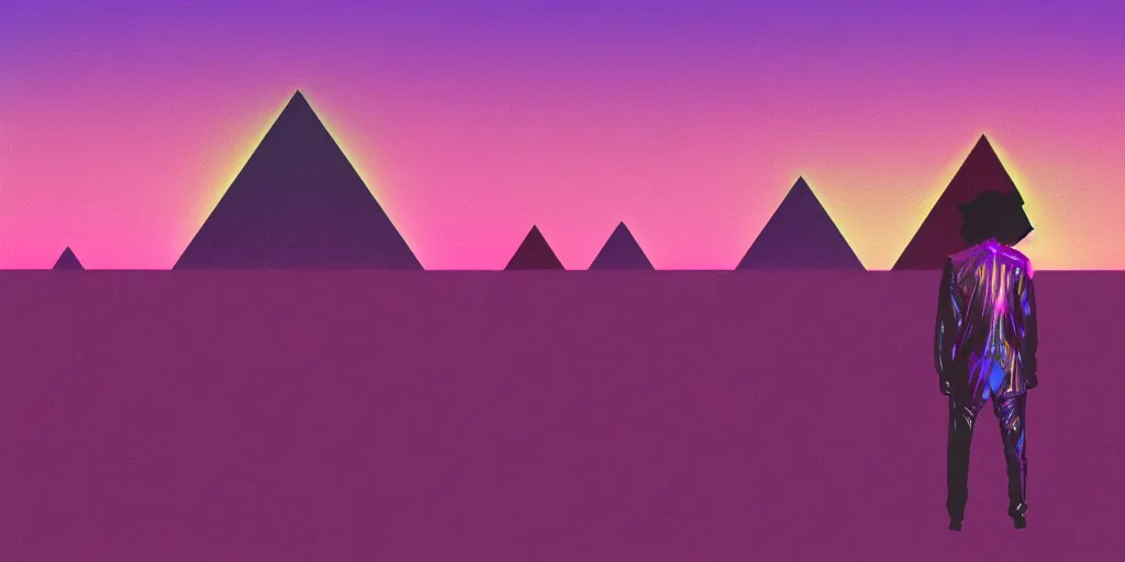 Image similar to purple digital desert, dawn, man in holographic coat, pyramids on the horizon, abstract holographic pastel, 1 9 8 0 s retro futuristic art, synthwave style, 3 5 mm photography, exposed film