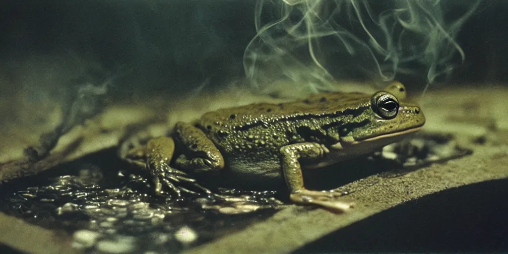 Image similar to detailed medium format photo, polaroid still from tarkovsky movie, frog while smoking a cigarette, haze, high production value, intricate details, 8 k resolution, hyperrealistic, hdr, photorealistic, high definition, tehnicolor, award - winning photography, masterpiece, amazing colors