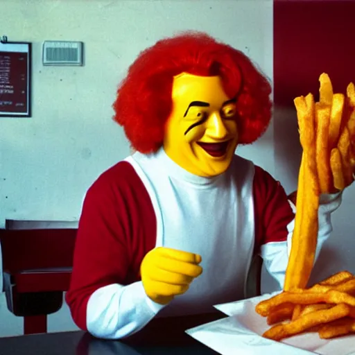 Image similar to ronald mcdonald eating a giant fry