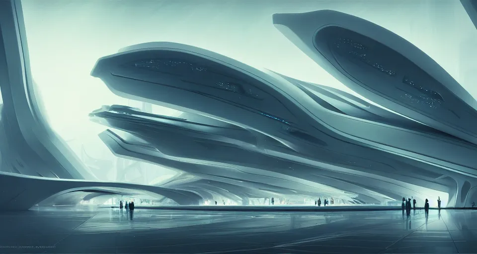 Image similar to cinematic shot, futuristic building, crowded, utopian, zaha hadid, bright, white, lights, digital painting, artstation, concept art, smooth, sharp focus, illustration, intricate, elegant, highly detailed, in the style of greg rutkowski and alphonse mucha and artemisia, 8 k, highly detailed, jurgens, rutkowski