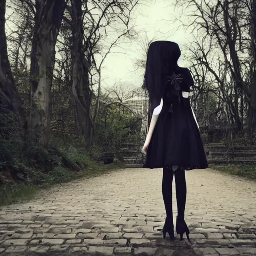 Image similar to beautiful android gothic lolita standing in a city taken over by nature , theme of sadness, melancholy, and dark beauty, high exposure