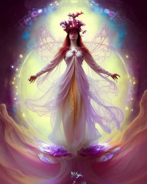 Prompt: Full View ultrarealistic Portrait ethereal fantasy deity wearing beautiful gown, rising in the air levitating, flowers, calm, 4k digital masterpiece by Anna Dittman and Alberto Seveso Ruan Jia, rossdraws, artgerm and greg rutkowski and alphonse mucha and loish and WLOP, fantasycore, Hyperdetailed, fractals, scribble art, realistic digital painting, atmospheric, fireflies, soft lighting, featured on Artstation