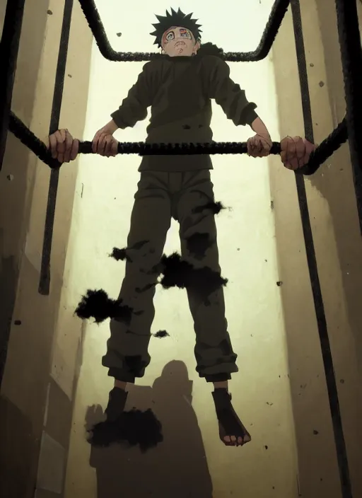 Image similar to highly detailed prison cell with naruto uzumaki with black hair, training behind metal bars, powerfully punching a wall, art by greg rutkowski, loish, rhads, ferdinand knab, makoto shinkai and lois van baarle, ilya kuvshinov, rossdraws, tom bagshaw, global illumination, radiant light, detailed and intricate environment