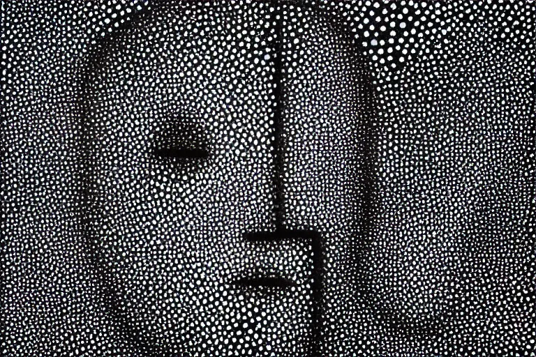 Image similar to face made out of mist, faceless people dark, dots, drip, stipple, pointillism, technical, abstract, minimal, style of francis bacon, asymmetry, pulled apart, cloak, hooded figure, made of dots, abstract, balaclava