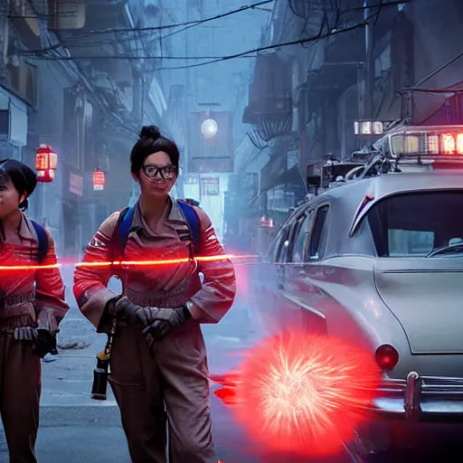 Prompt: ghostbusters in feudal japan, steam punk aesthetic, cinematic quality, high octane, splash art, movie still, cinematic lighting, ray tracing, detailed face, octane render, long lens, shallow depth of field, bokeh, anamorphic lens flare, 8 k, hyper detailed, 3 5 mm film grain