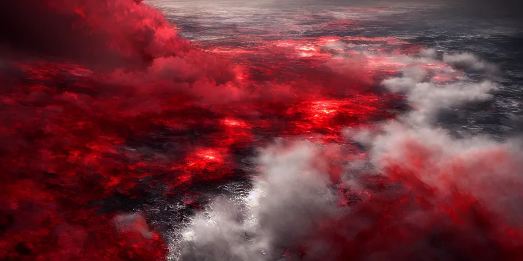 Prompt: a churning, boiling, fiery red sea with lots of smoky black and red steam, fantasy digital art, octane render, beautiful composition, trending on artstation, award-winning photograph, masterpiece