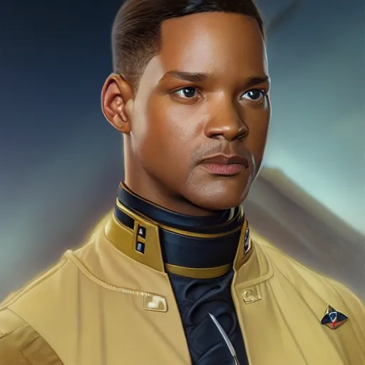 Prompt: portrait of leyendecker will smith, movie still, starfleet uniform, octane render, highly detailed, digital painting, artstation, concept art, smooth, sharp focus, illustration, art by artgerm and greg rutkowski and alphonse mucha and william - adolphe bouguereau