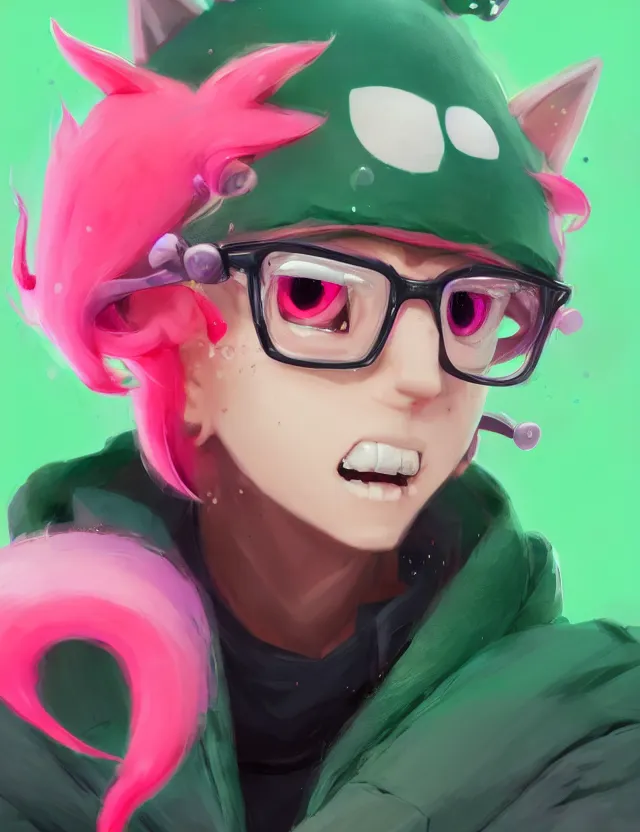 Image similar to a beautiful headshot portrait of a cute splatoon anime male with pink hair and pink wolf ears wearing a green hoodie. character design by cory loftis, fenghua zhong, ryohei hase, ismail inceoglu and ruan jia. artstation, volumetric light, detailed, photorealistic, fantasy, rendered in octane