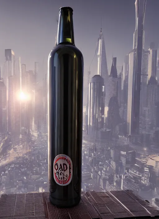 Image similar to a broad bottle with a city inside standing on a table, tubes going from a machine into the top of the bottle, 8k, unreal engine, trending on artstation,