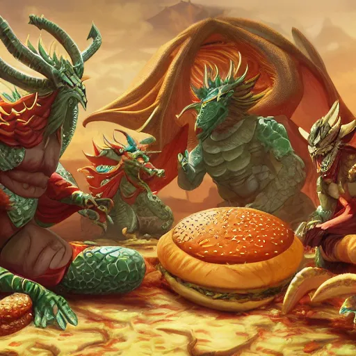 Image similar to Tiamat guarding a pile of cheeseburgers, dungeons and dragons, wizards of the coast, trending on art station, maximum detail, HD, cinematic