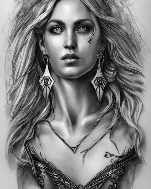 Image similar to tattoo sketch of beautiful greek goddess aphrodite with arrowhead earrings, beautiful piercing eyes, flowing blonde hair, realistic face, hyper realistic, in the style of greg rutkowski, fantasy, amazing detail, epic, intricate, elegant, smooth, sharp focus