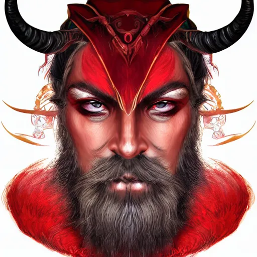 Image similar to dnd style portrait of a tiefling, male, red scales, red skin, a big black beard, completely golden eyes, 2 black ram horns growing out of his forehead,