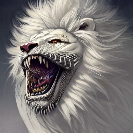 Prompt: a photorealistic dramatic fantasy render of a muscular albino male furry anthro lion wearing a beautiful intricately detailed japanese white snake kitsune mask and clasical japanese kimono by wlop, artgerm, greg rutkowski, alphonse mucha, beautiful dynamic dramatic dark moody lighting, shadows, cinematic atmosphere, artstation, concept design art, octane render, 8 k