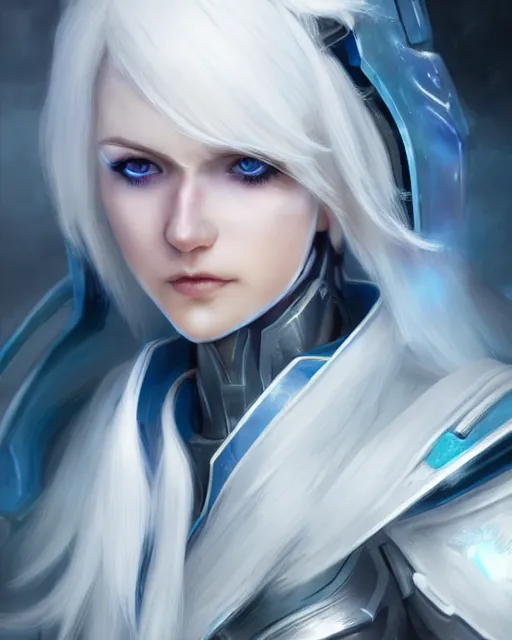 Image similar to perfect white haired girl, warframe armor, beautiful, pretty face, blue eyes, detailed, windy weather, scifi, platform, laboratory, experiment, 4 k, ultra realistic, epic lighting, high detail, masterpiece, by akihito tsukushi, charlie bowater, ross tran