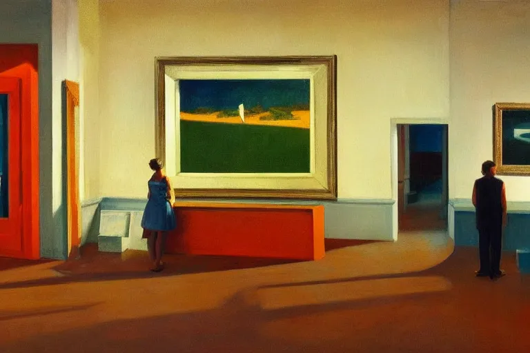 Image similar to a 7 0 s art gallery exhibition, colors americana, cinematic, volumetric lighting, ultra wide angle view, realistic, detailed painting in the style of edward hopper