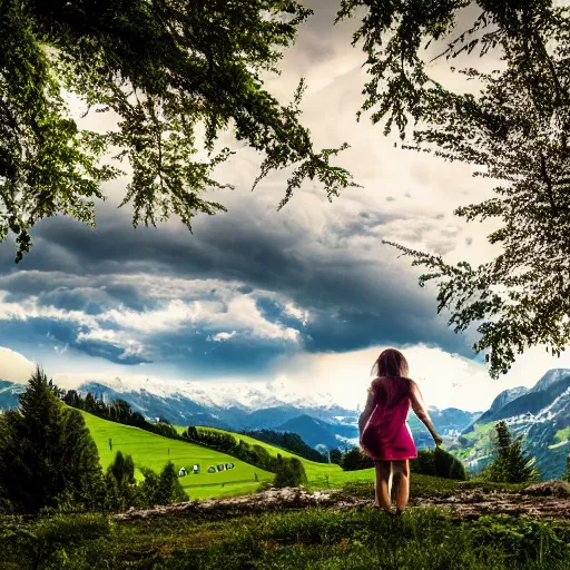 Image similar to a beautiful photograph of a girl with switzerland landscape in the background with trees, hdr, 8 k, high quality, sharp focus, artstation, highly detailed, award - winning, dramatic lighting, beautiful clouds, and nature