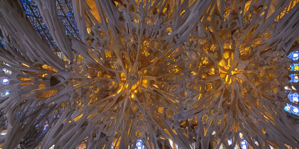 Prompt: sculpted Sagrada Familia ceiling by Antoni Gaudi, symmetrical, volumetric light