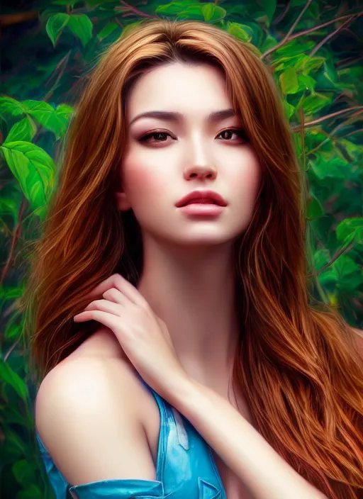 Image similar to photo of a gorgeous female in the style of stefan kostic, realistic, professionally, professionally color graded, half body shot, sharp focus, 8 k high definition, insanely detailed, intricate, elegant, art by stanley lau and artgerm, bokeh foliage